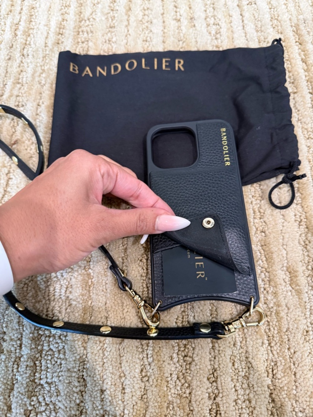 Bandolier Black Phone Crossbody with Gold Hardware- iPhone 13 Pro - Picture 4 of 5
